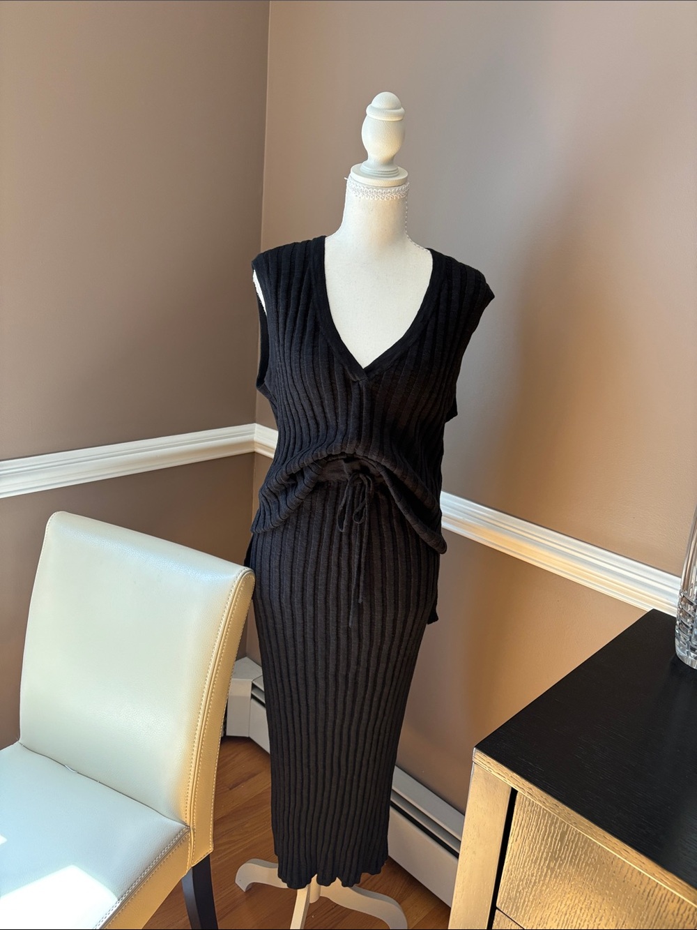 Free People Black Ribbed Knit Two-Piece Skirt Set
